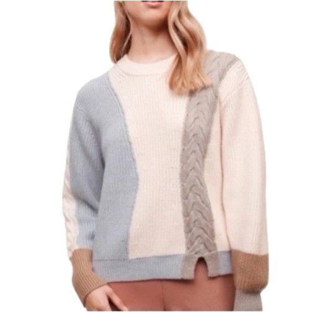 Aritzia Wilfred XS Merino Wool Lonell Chunky Colorblock Cable Knit Sweater Slits